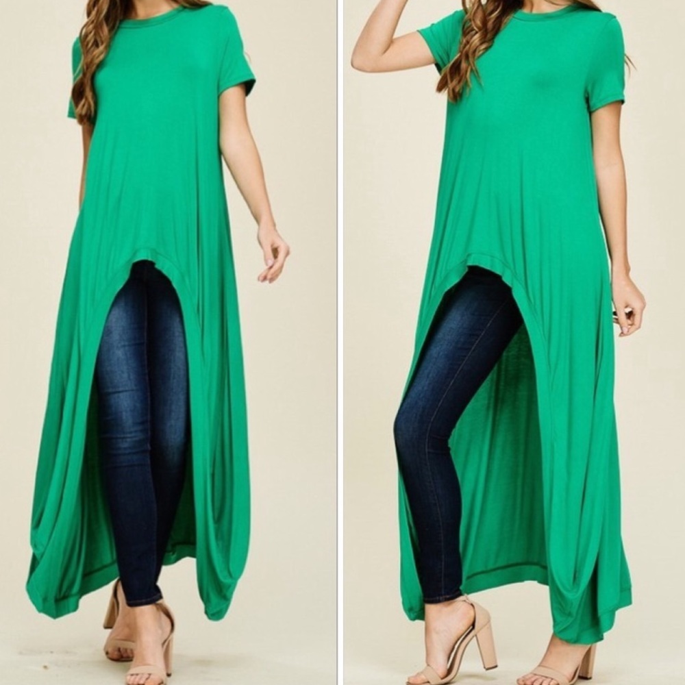 🆕 Kelly Green Short Sleeve High-Low Tunic Jersey Knit Maxi Top